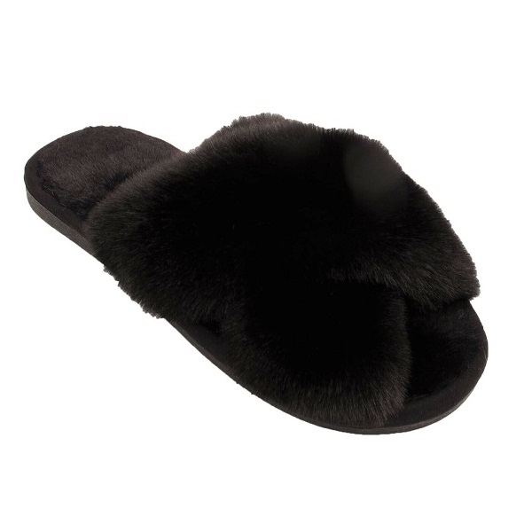 SIZE 3-4 BLACK LADIES FURRY SLIPPERS WOMEN FLUFFY SLIDERS CROSSOVER OPEN TOE FAUX FUR MULES